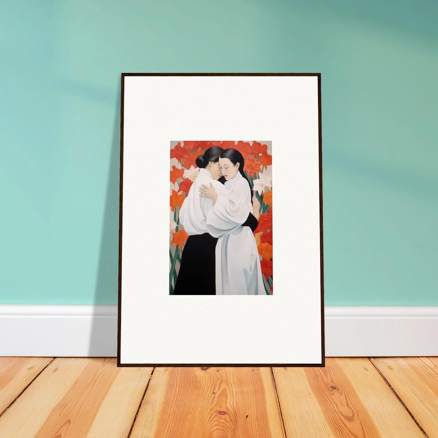 Framed canvas print of two figures embracing, perfect for Flor Oliveviews room decoration