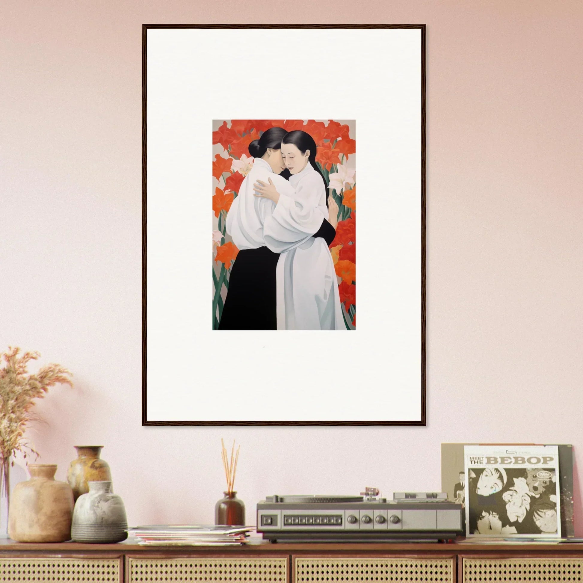 Framed canvas print of an embracing couple, perfect for Flor Oliveviews room decoration