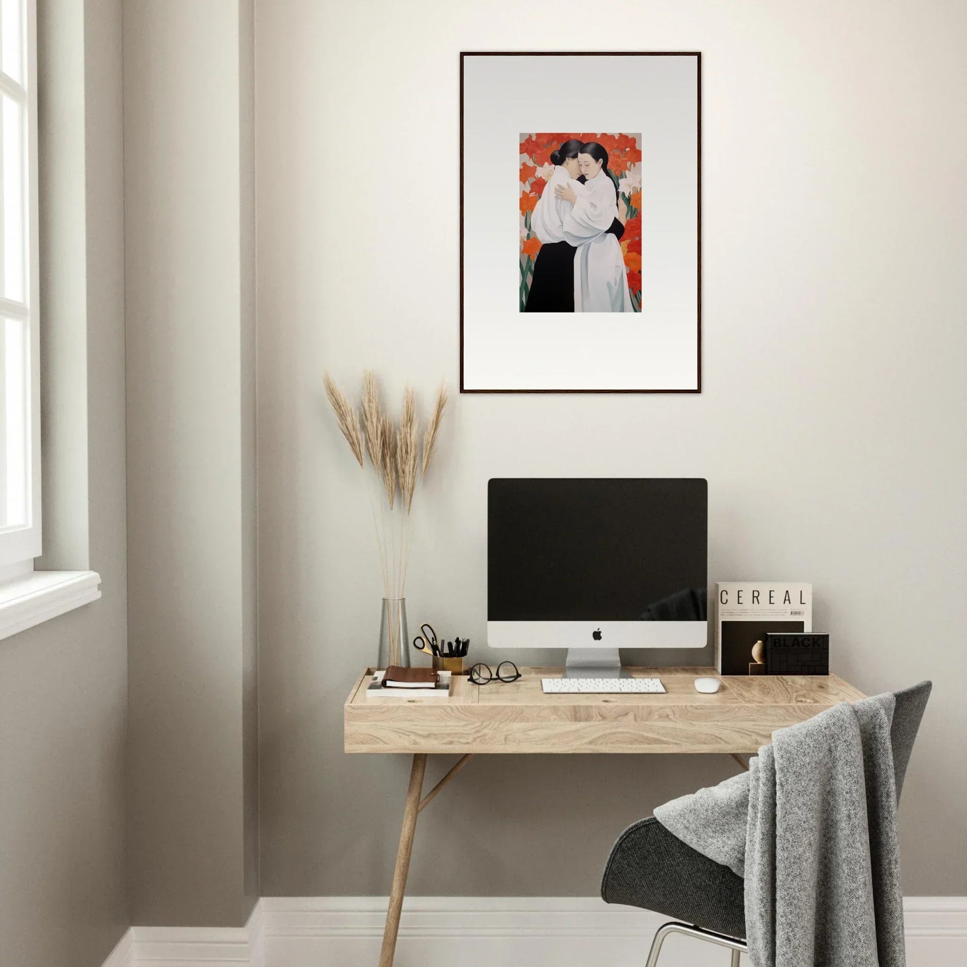 Minimalist home office with wooden desk, computer, and Flor Oliveviews canvas print