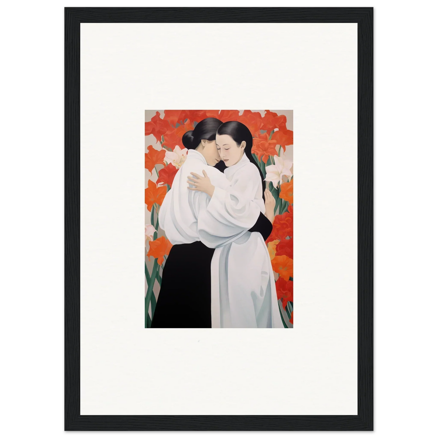 Framed canvas print of embracing figures with vibrant orange flor oliveviews background