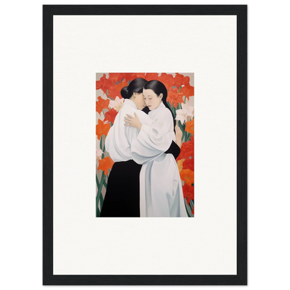 Framed canvas print of embracing figures with vibrant orange flor oliveviews background