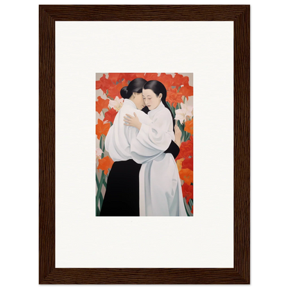 Framed canvas print of two figures embracing with a vibrant floral background, perfect for Flor Oliveviews room decoration