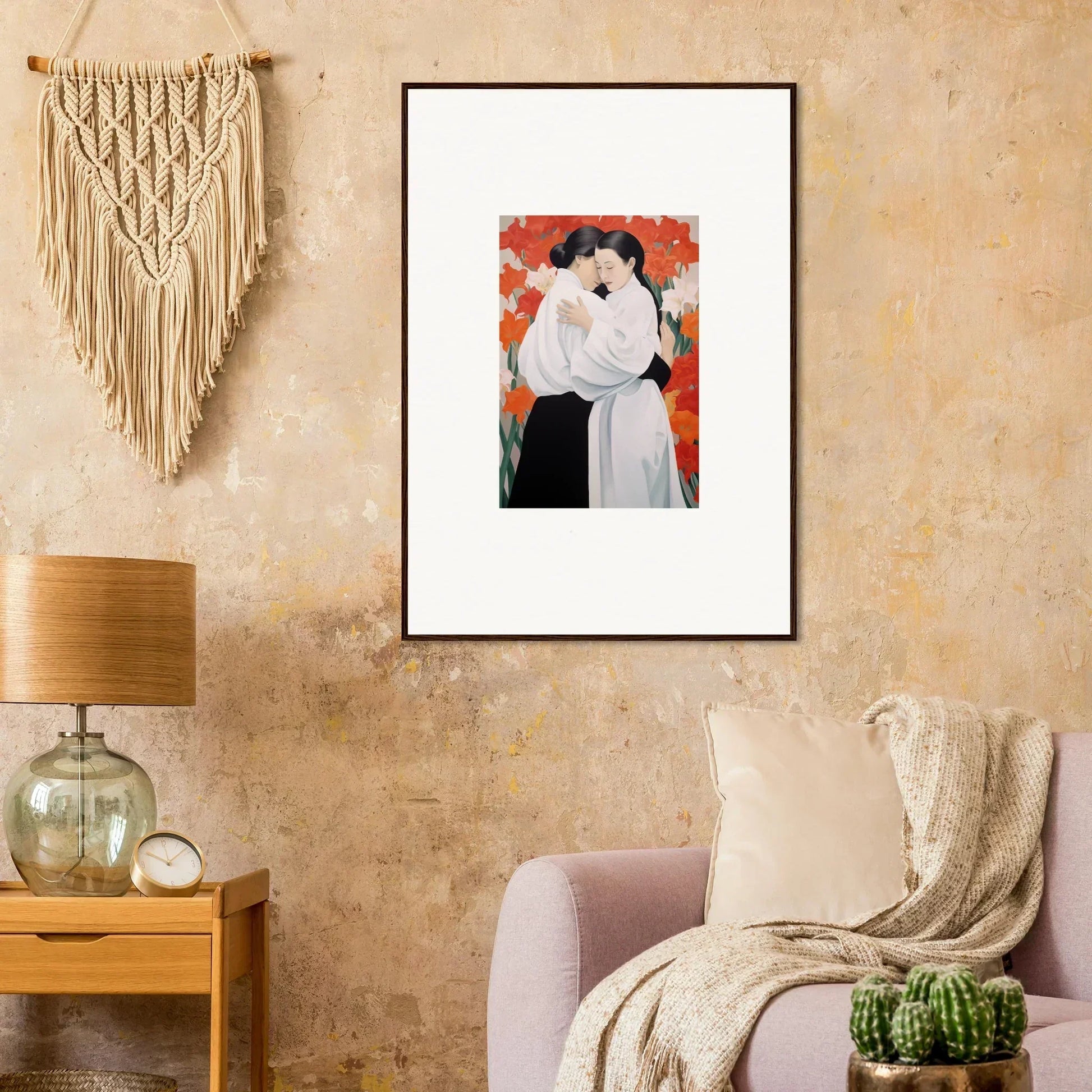 Framed canvas print of two figures embracing, perfect for Flor Oliveviews room decoration