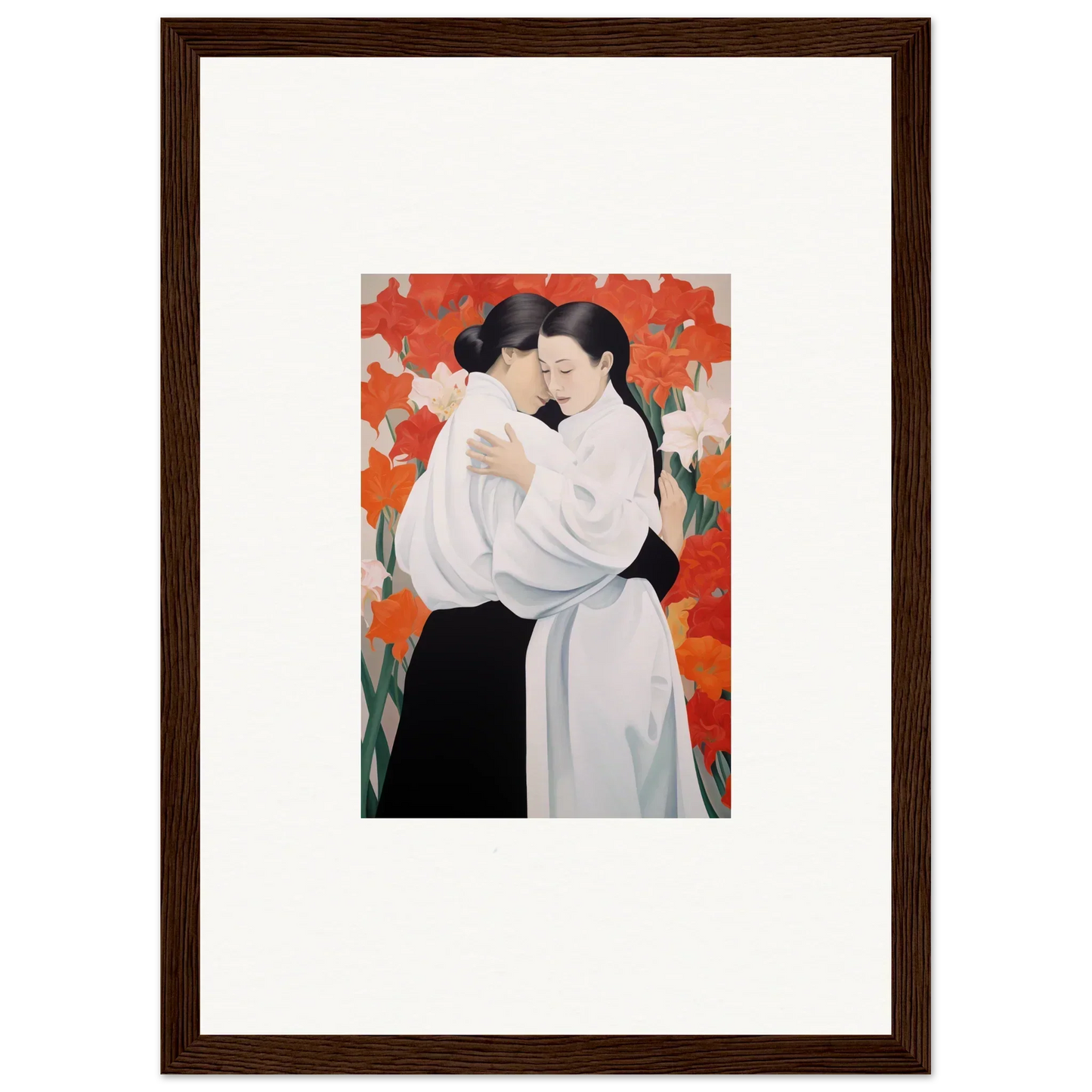 Framed canvas print of two figures embracing on vibrant Flor Oliveviews background