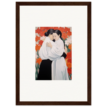 Framed canvas print of two figures embracing on vibrant Flor Oliveviews background