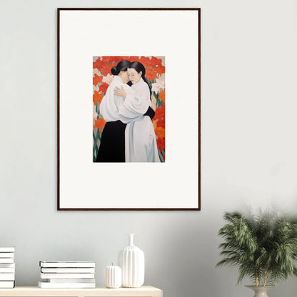 Framed canvas print of embracing couple for vibrant room decoration. Flor Oliveviews