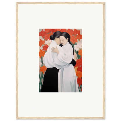 Framed canvas print of two embracing figures with a floral background for room decoration