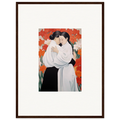 Framed canvas print of embracing figures on a vibrant orange floral background for room decoration