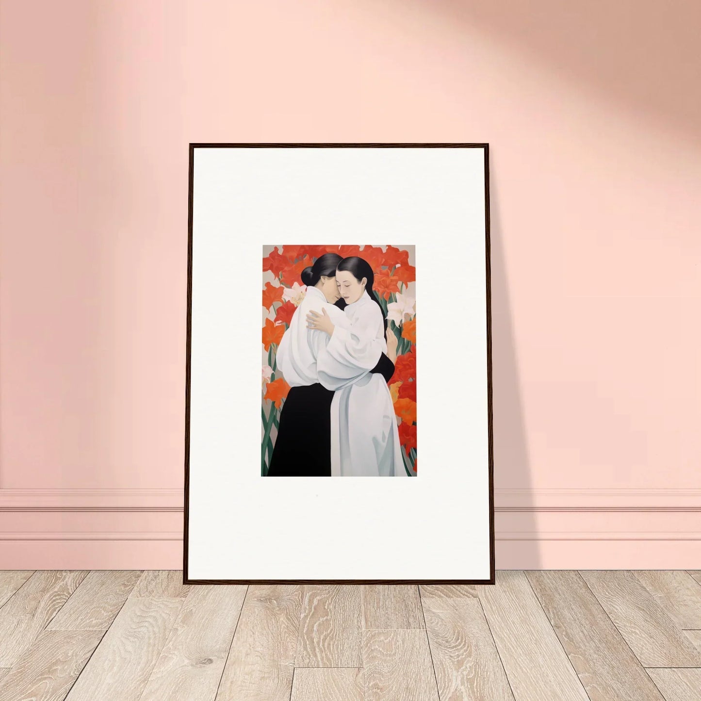 Framed canvas print of two embracing figures for vibrant flor oliveviews room decoration