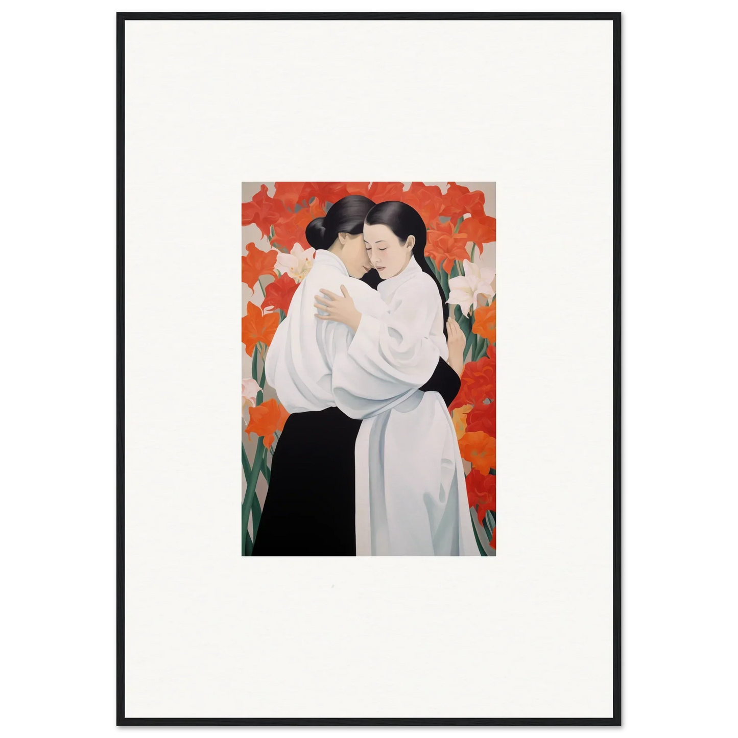 Framed canvas print of embracing figures on a vibrant orange floral background for room decoration