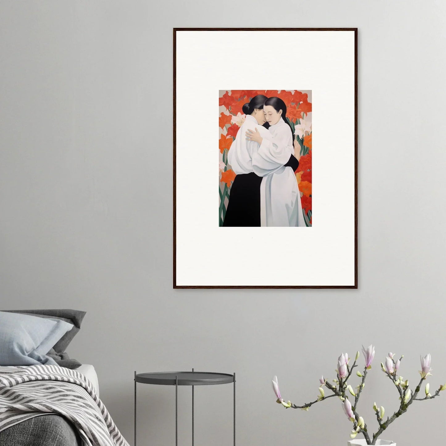 Framed canvas print of an embracing couple on orange floral background for room decoration