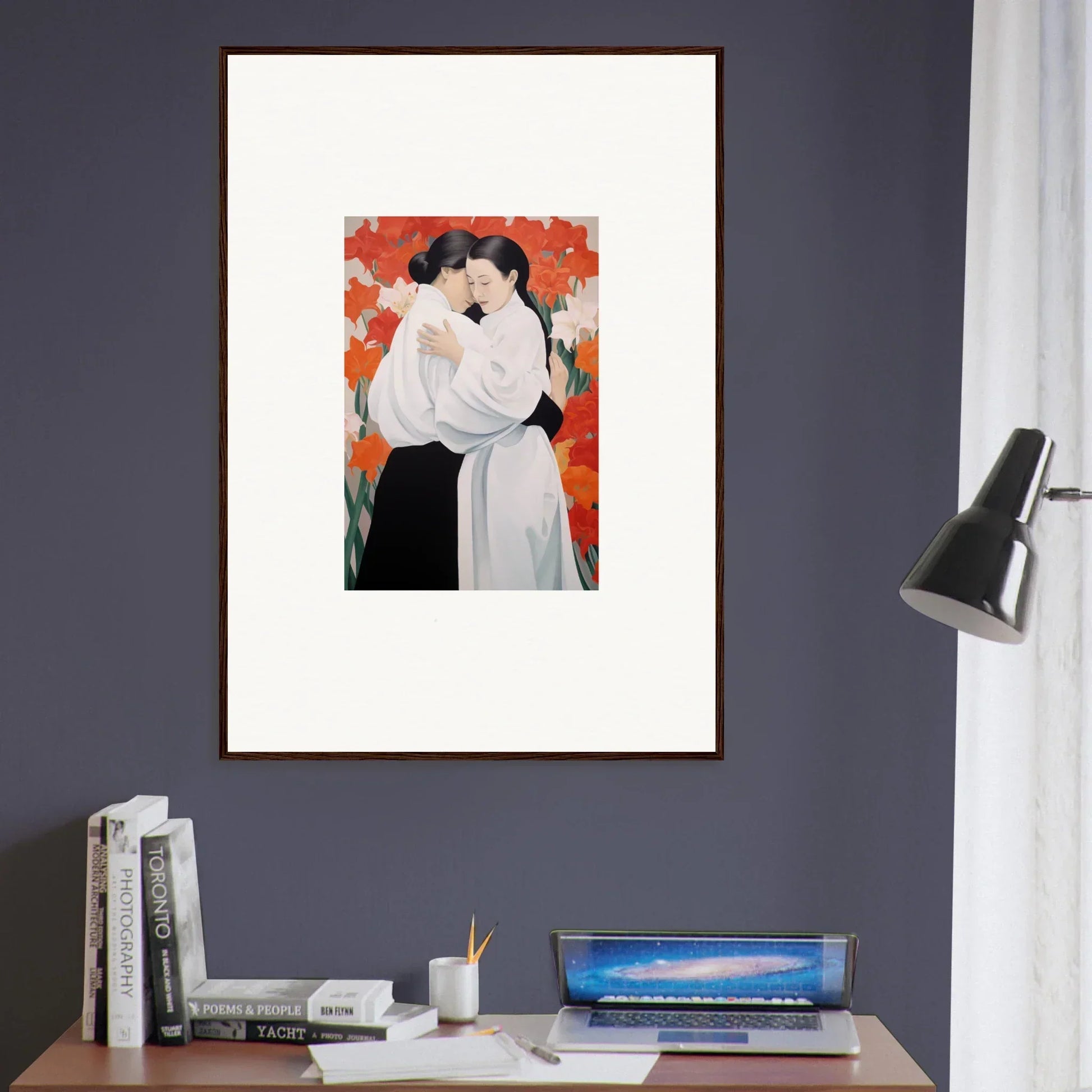 Framed canvas print of embracing couple in vibrant orange for stylish room decoration