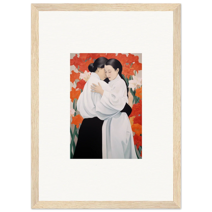 Framed canvas print of two figures embracing with flor oliveviews on a vibrant orange background