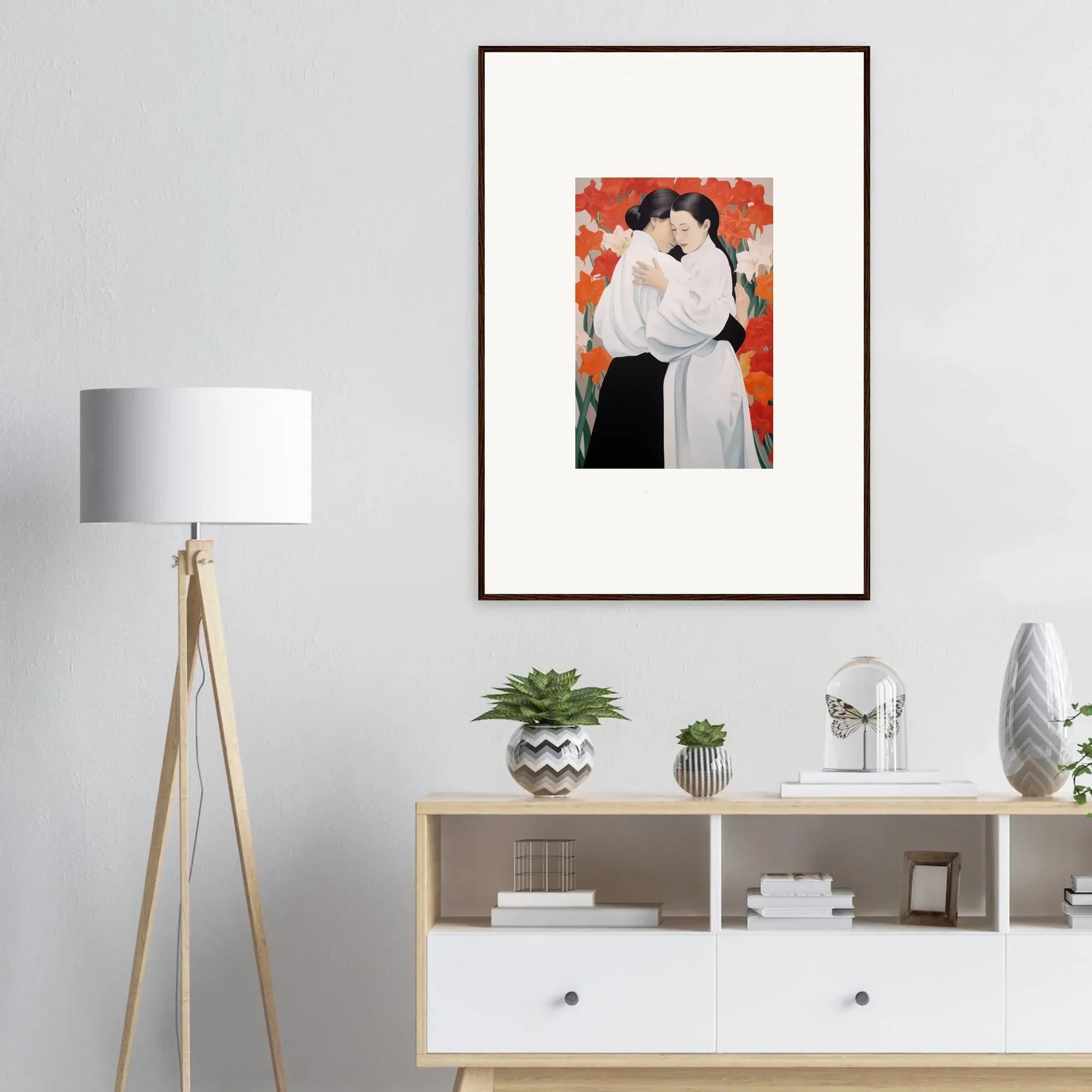 Framed canvas print of embracing figures for stylish Flor Oliveviews room decoration