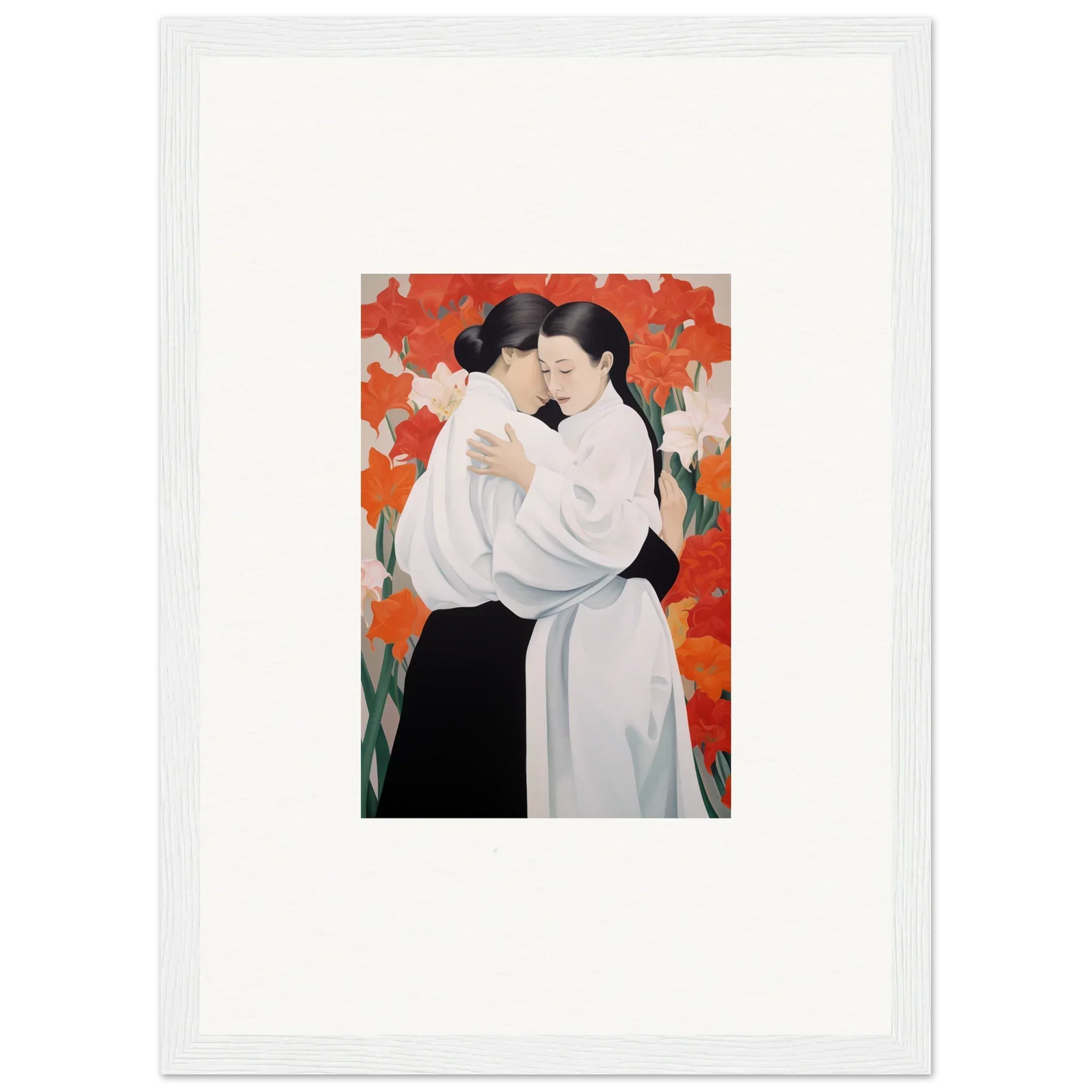 Framed canvas print of two figures embracing on a vibrant floral background for room decoration