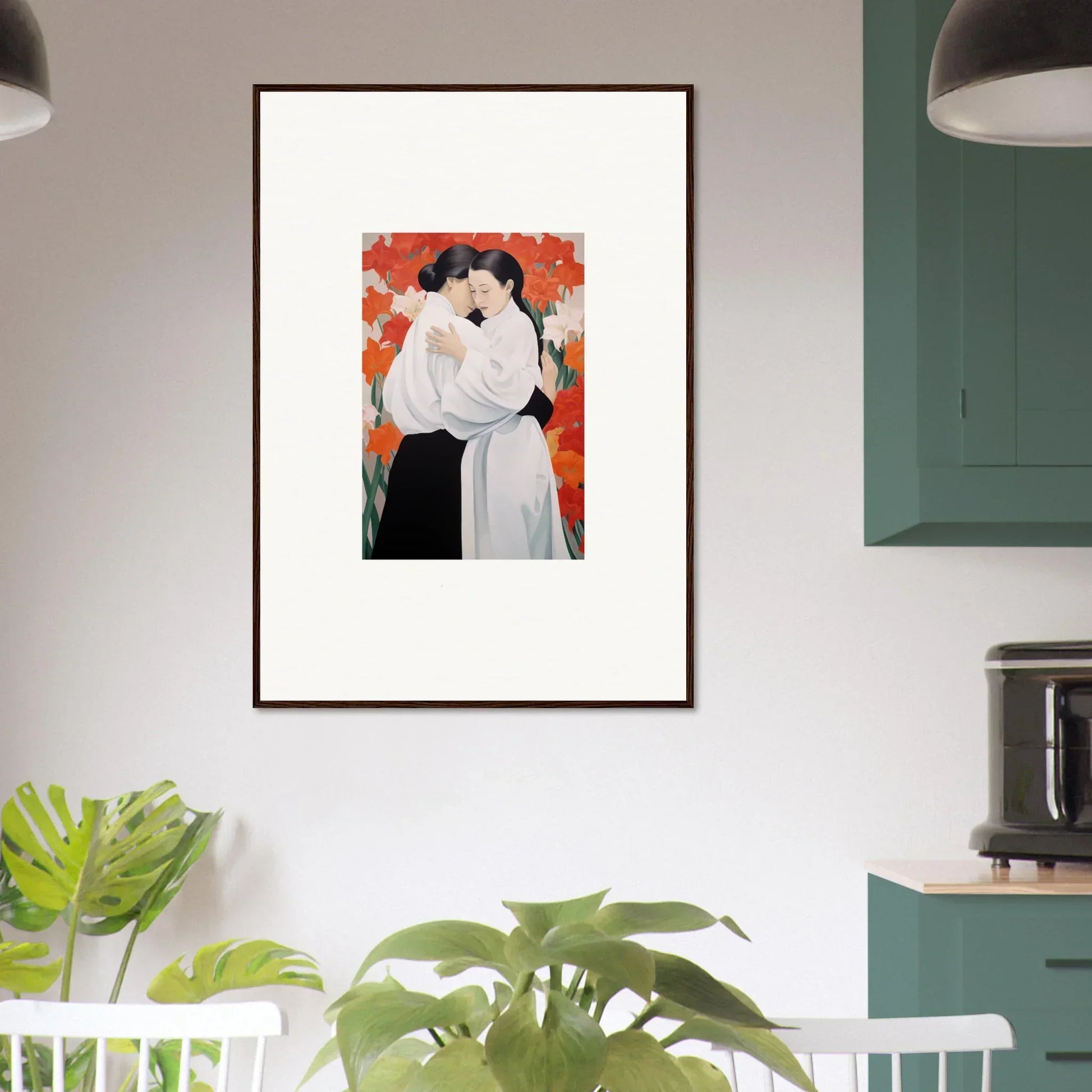 Framed canvas print of a couple embracing with red flor oliveviews background