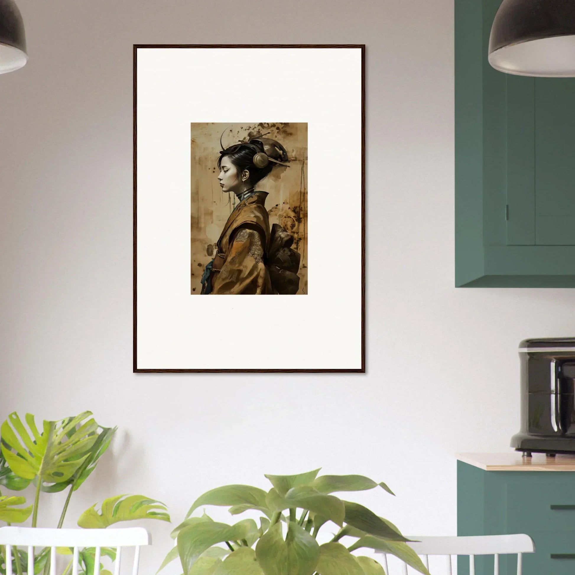 Framed canvas print of a woman in profile, perfect for geisha shadowed room decoration