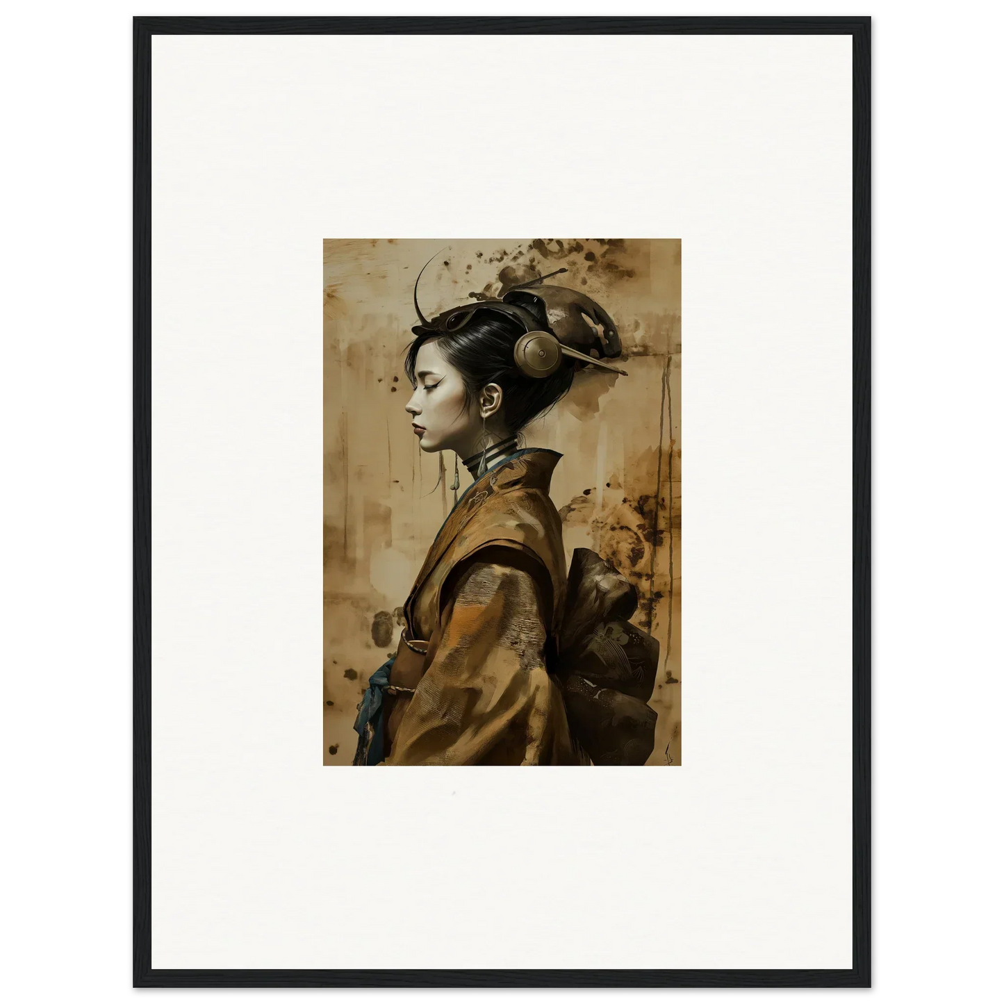 Framed portrait of a woman in traditional attire, perfect for geisha shadowed room decoration