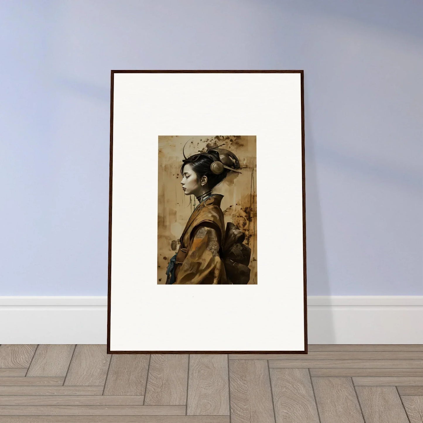 Framed portrait of a geisha shadowed in sepia for stylish room decoration canvas print