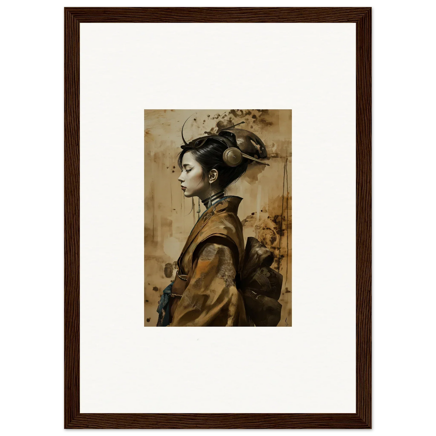 Framed portrait of a woman in traditional East Asian attire for room decoration, geisha shadowed