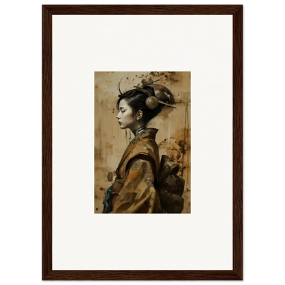 Framed portrait of a woman in traditional East Asian attire for room decoration, geisha shadowed