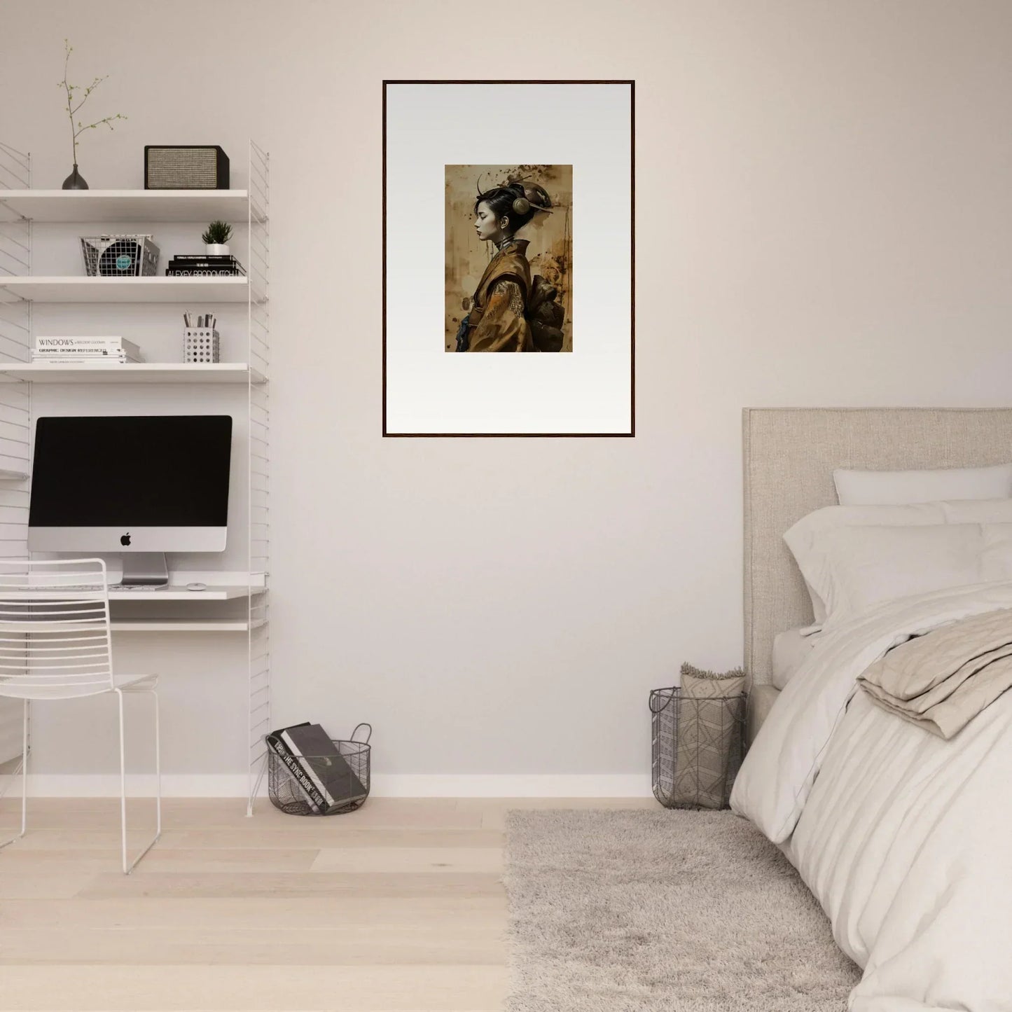 Framed canvas print of a geisha shadowed in historical costume for room decoration