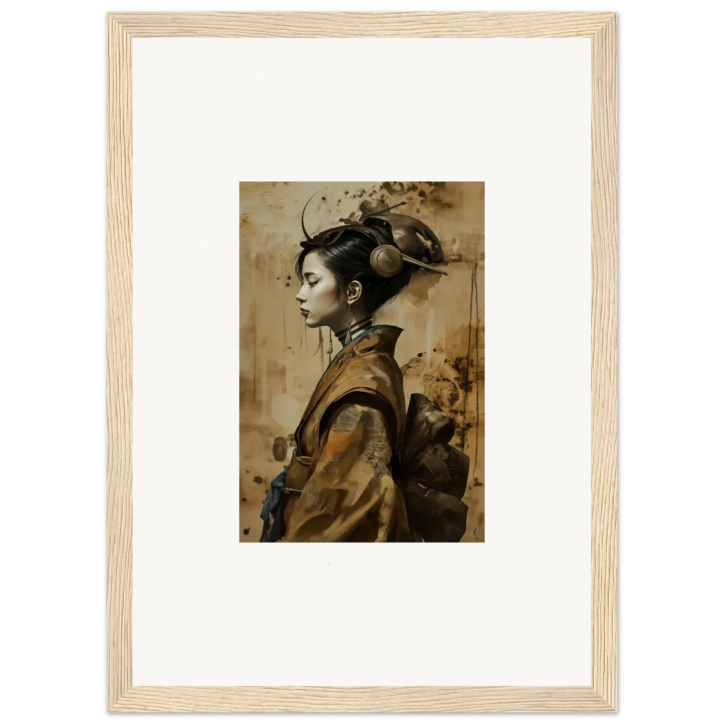 Framed canvas print of a woman in traditional East Asian attire for room decoration