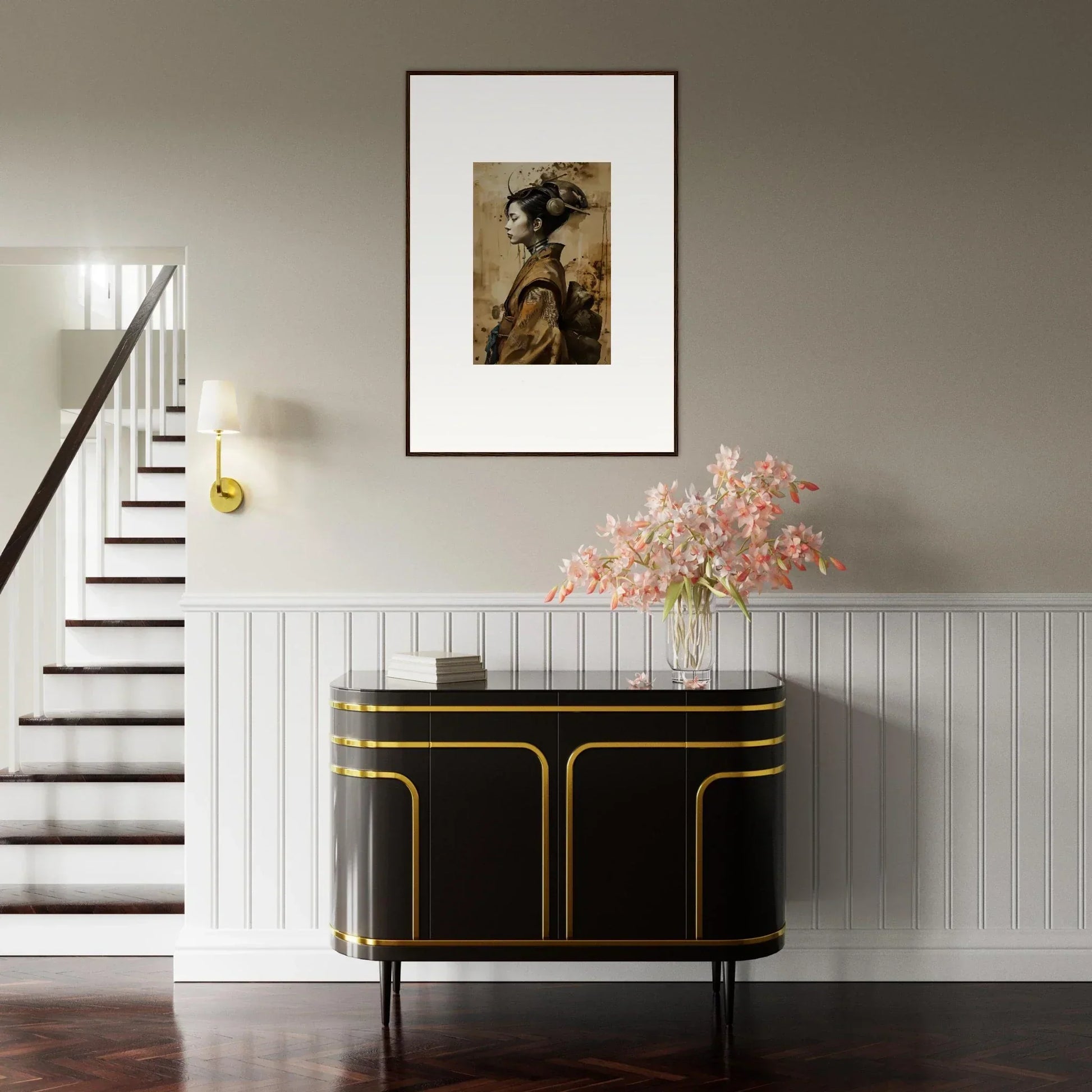 Elegant black and gold sideboard perfect for geisha shadowed room decoration