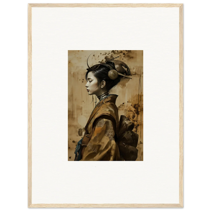 Framed portrait of a woman in geisha shadowed attire, perfect for room decoration