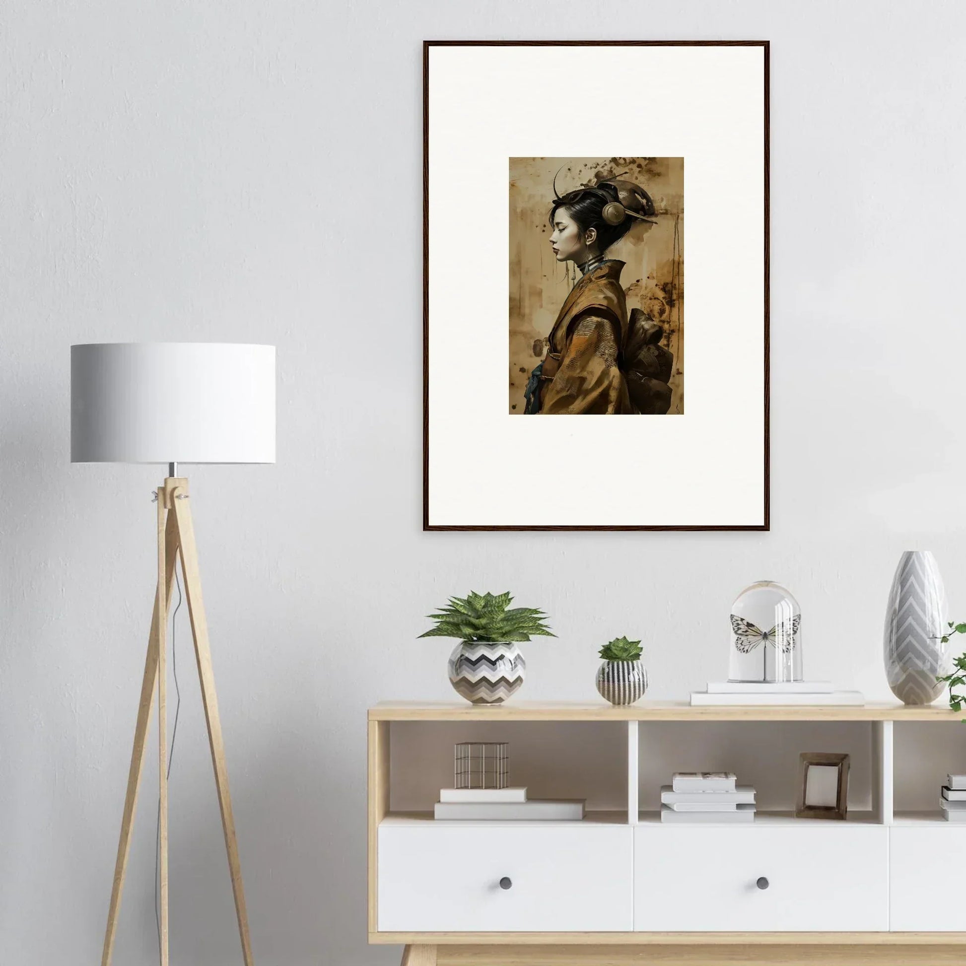 Framed canvas print of a geisha shadowed in sepia, perfect for room decoration