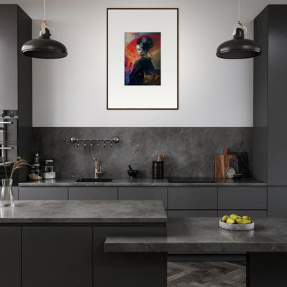 Modern kitchen with dark cabinetry and colorful framed wall art in Silken Realm decor