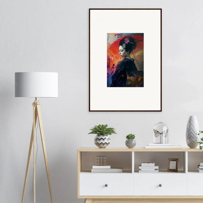 Framed wall art of a figure with a red umbrella in a Silken Realm background, ideal for room decor