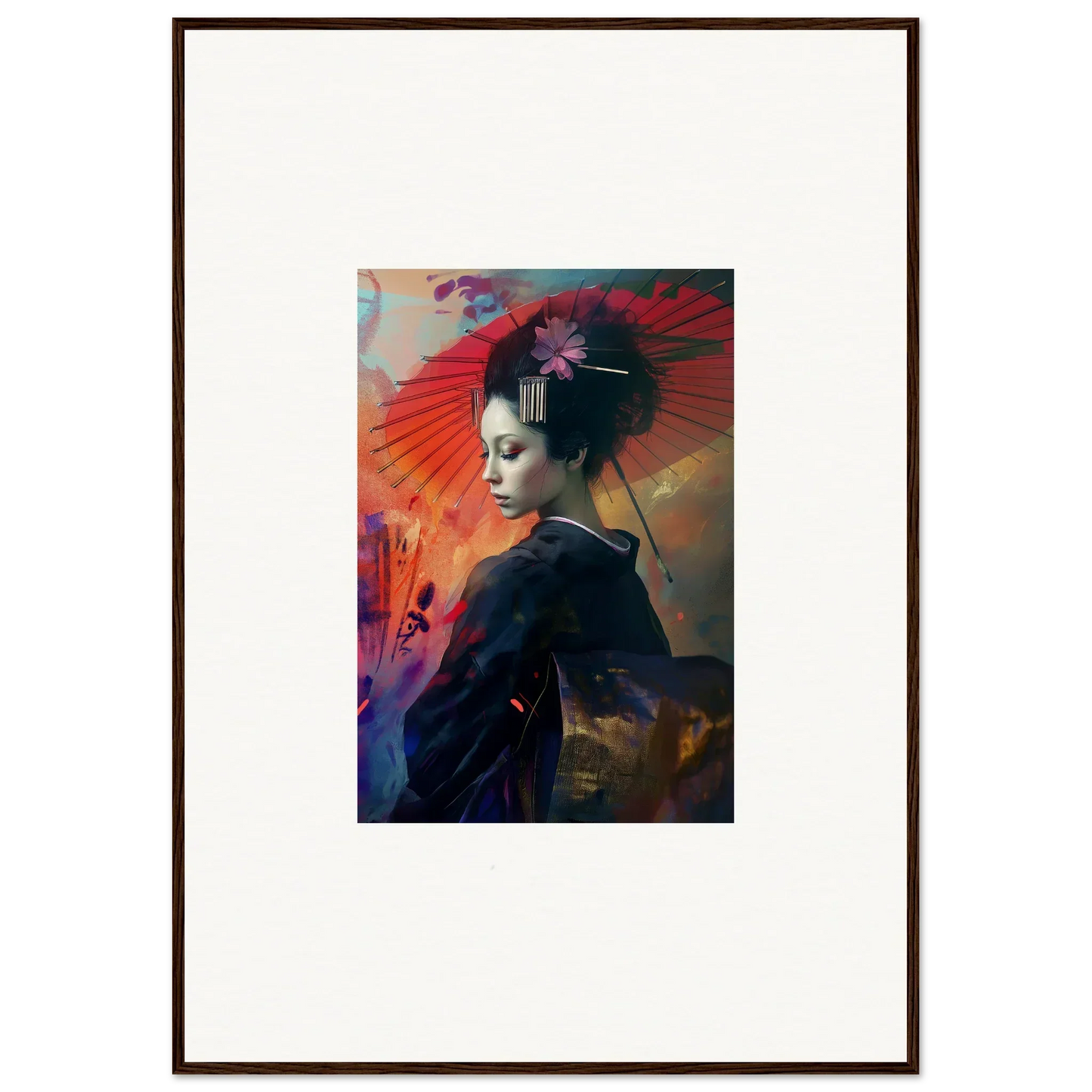 Framed wall art featuring a profile portrait in a vibrant silken realm background