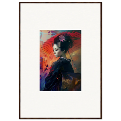 Framed wall art featuring a profile portrait in a vibrant silken realm background