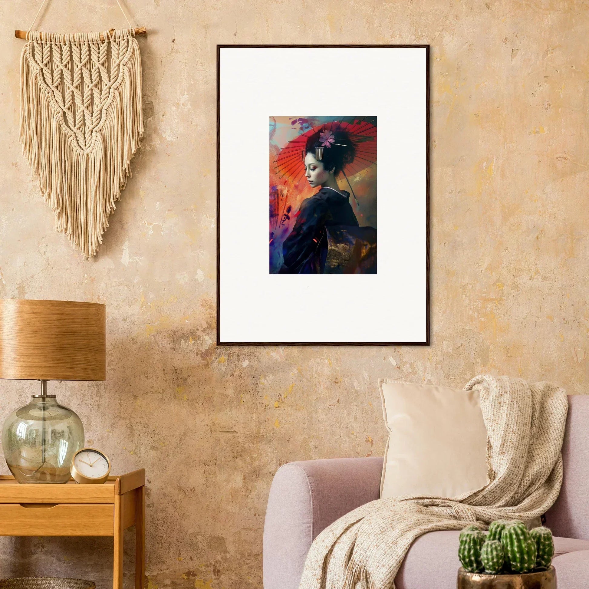 Framed wall art of a vibrant portrait in the Silken Realm for stylish room decor