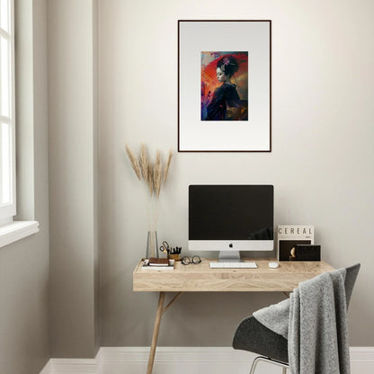 Minimalist home office with wooden desk, computer, and Silken Realm framed wall art