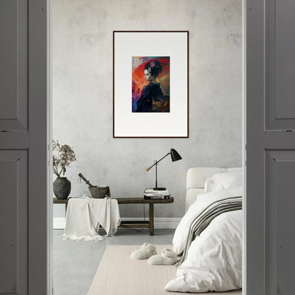 Framed wall art of a woman with a dark hat in a silken realm background