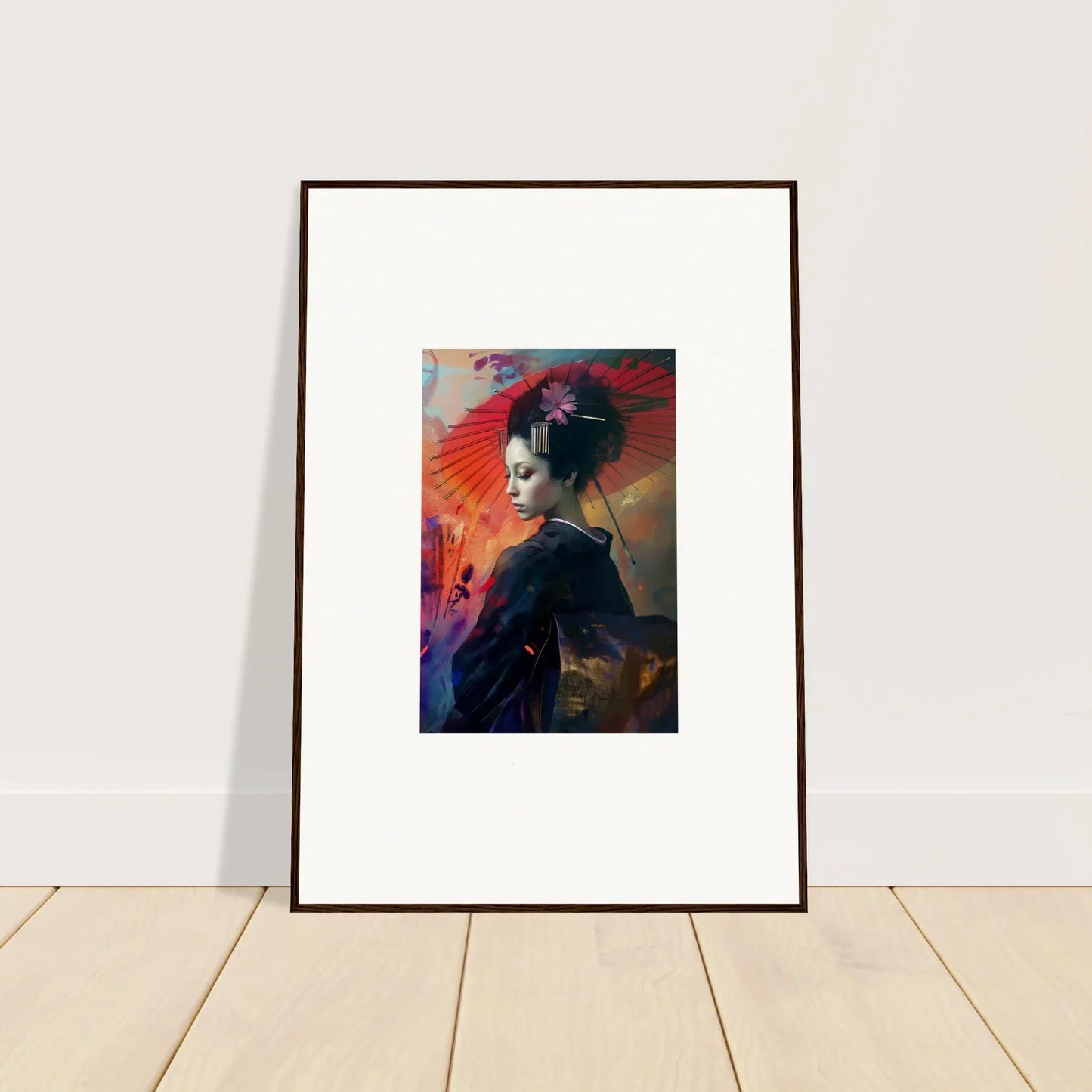 Framed wall art of a geisha with umbrella in a colorful silken realm background