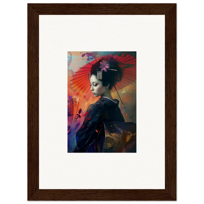 Framed wall art of a geisha figure in a silken realm for vibrant room decor