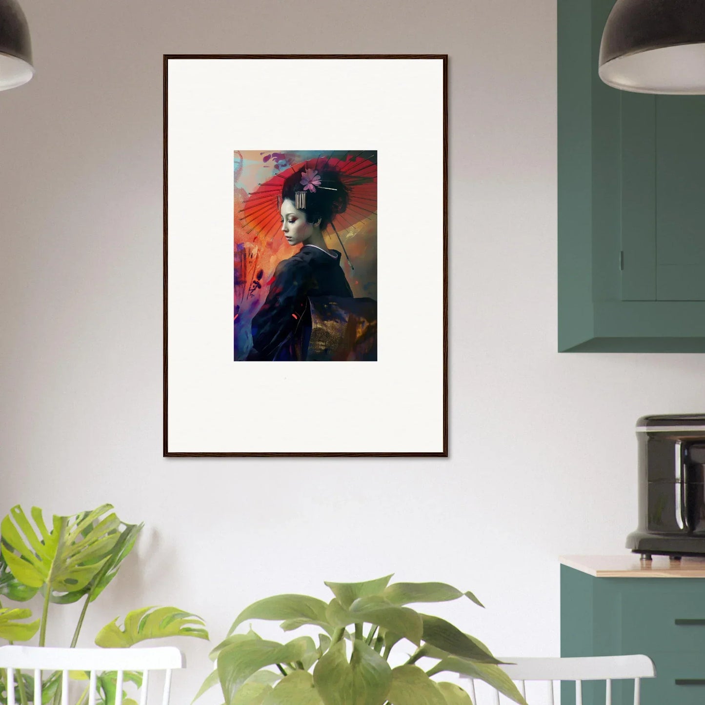 Framed wall art of a vibrant geisha in the Silken Realm for stylish room decor