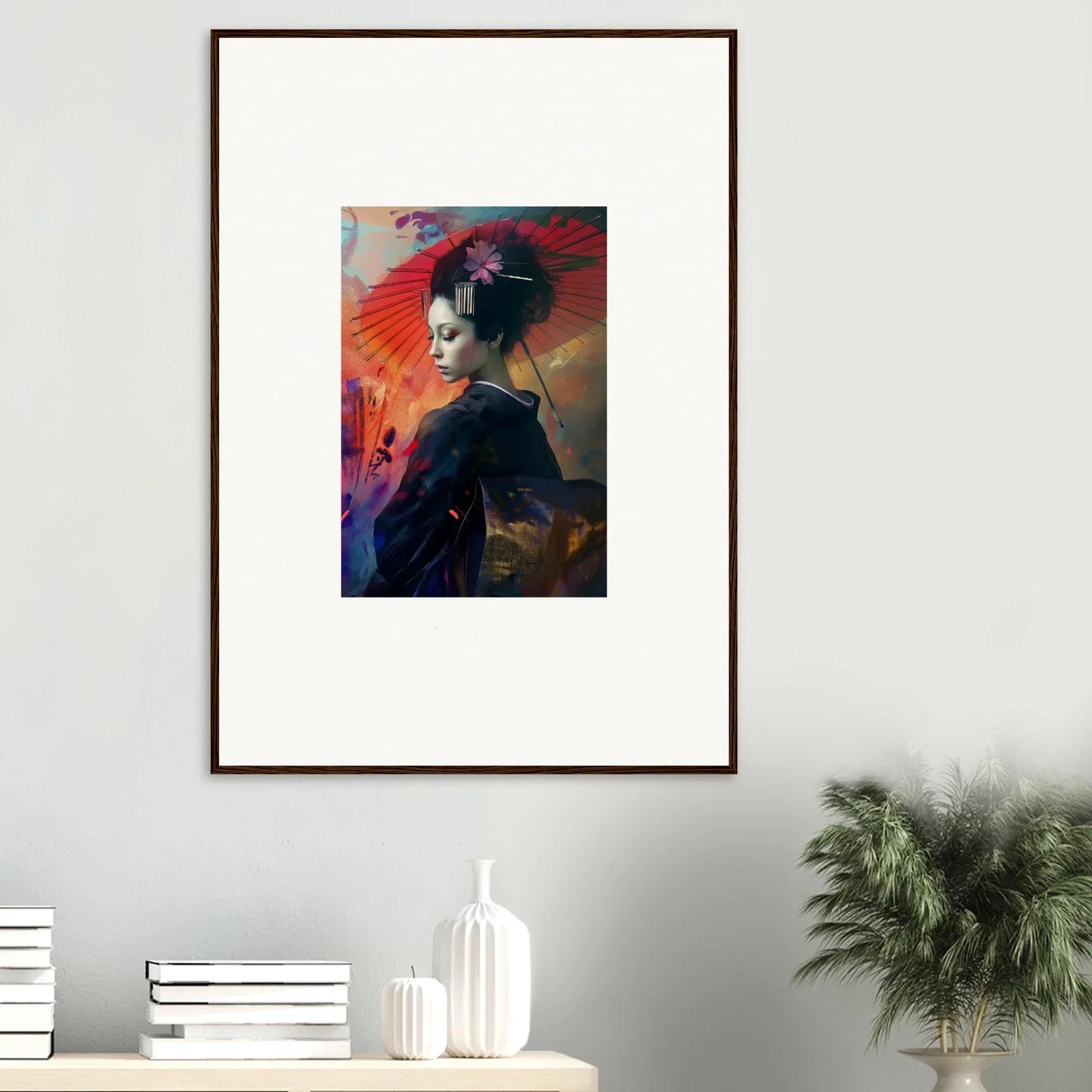 Framed wall art of a geisha with a red parasol for a silken realm room decor