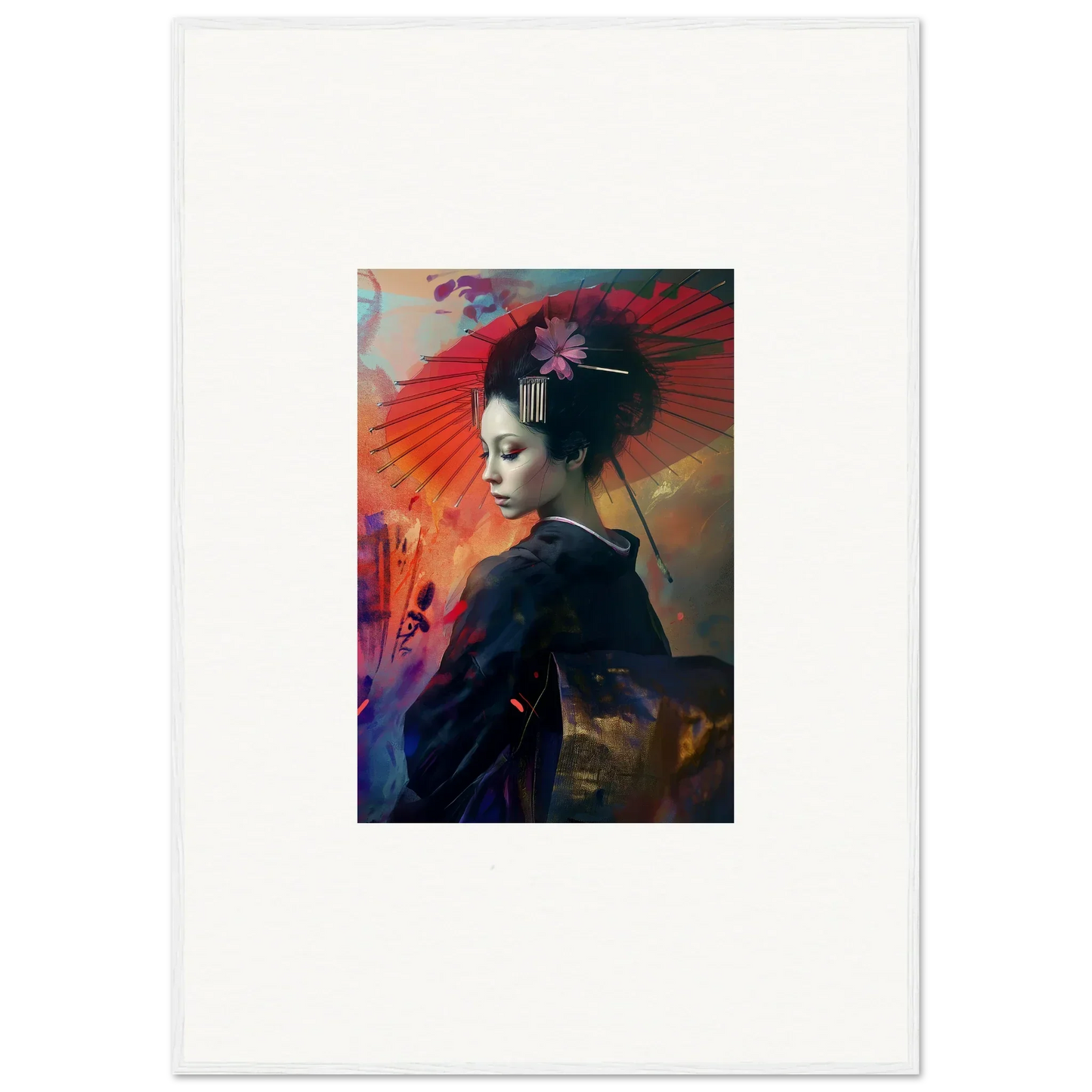 Colorful portrait of a woman in geisha attire for Silken Realm wall decor