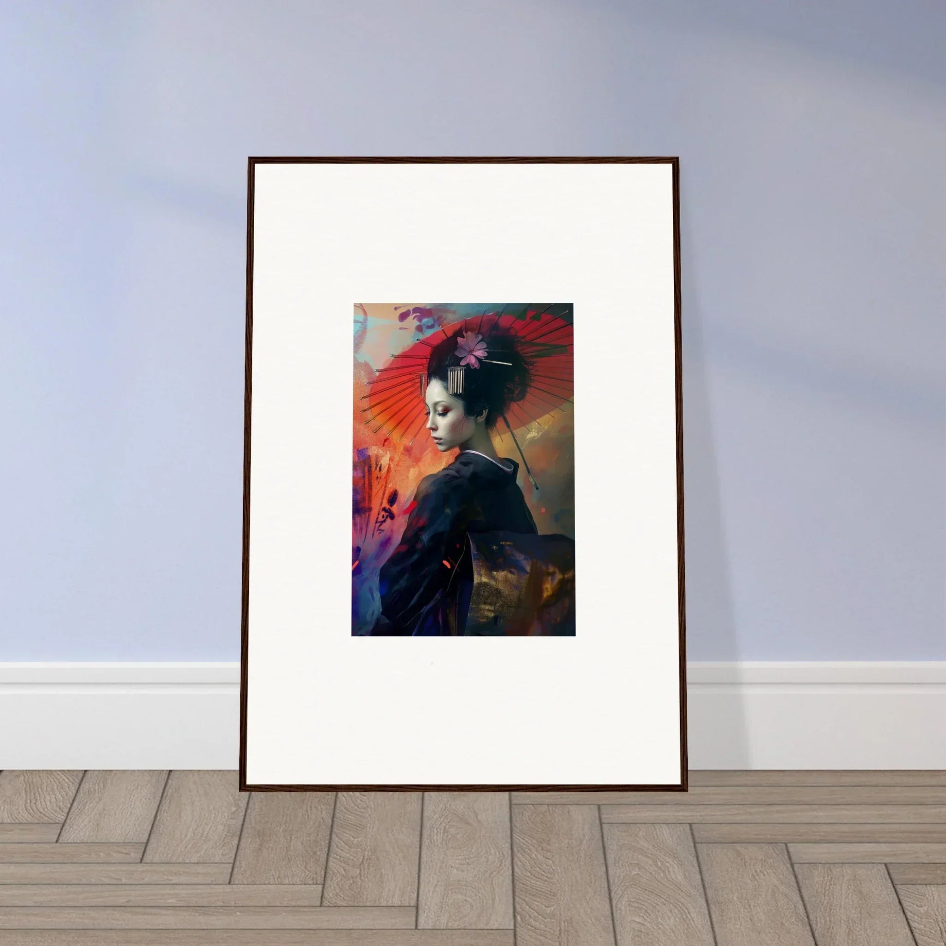 Framed wall art of a geisha in a silken realm with colorful background and parasol