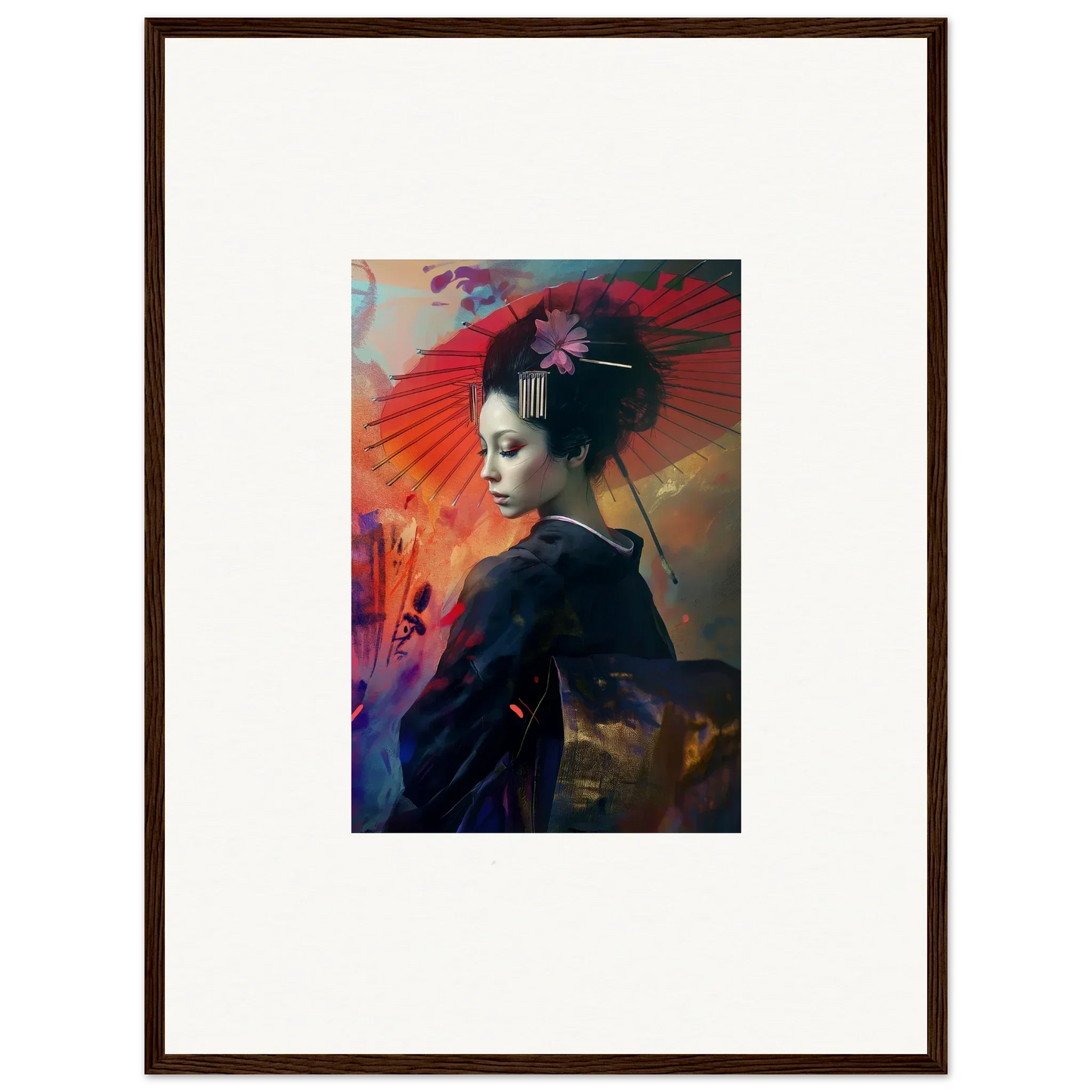 Framed wall art of a geisha with vibrant abstract background in Silken Realm decor