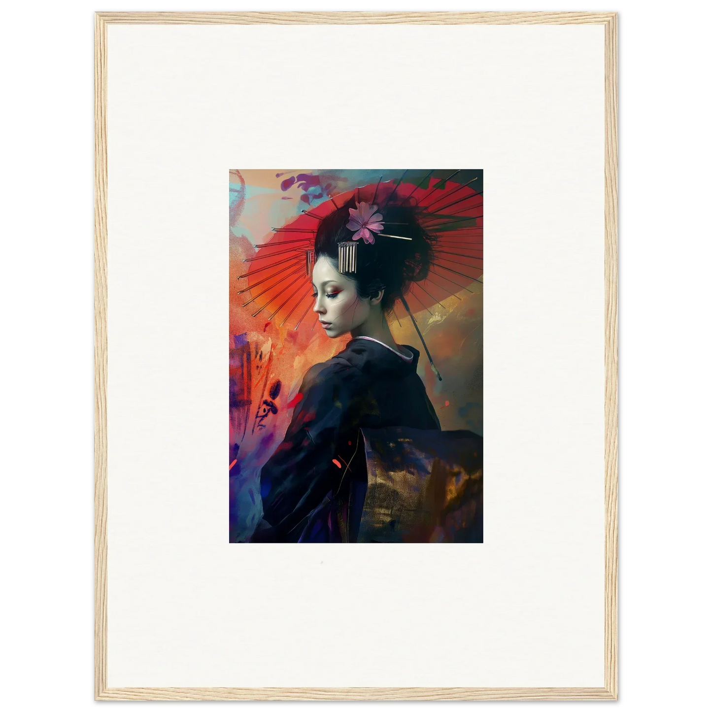 Framed wall art of woman in traditional geisha attire in a silken realm backdrop