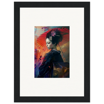 Framed wall art of a vibrant geisha portrait for a silken realm room decor