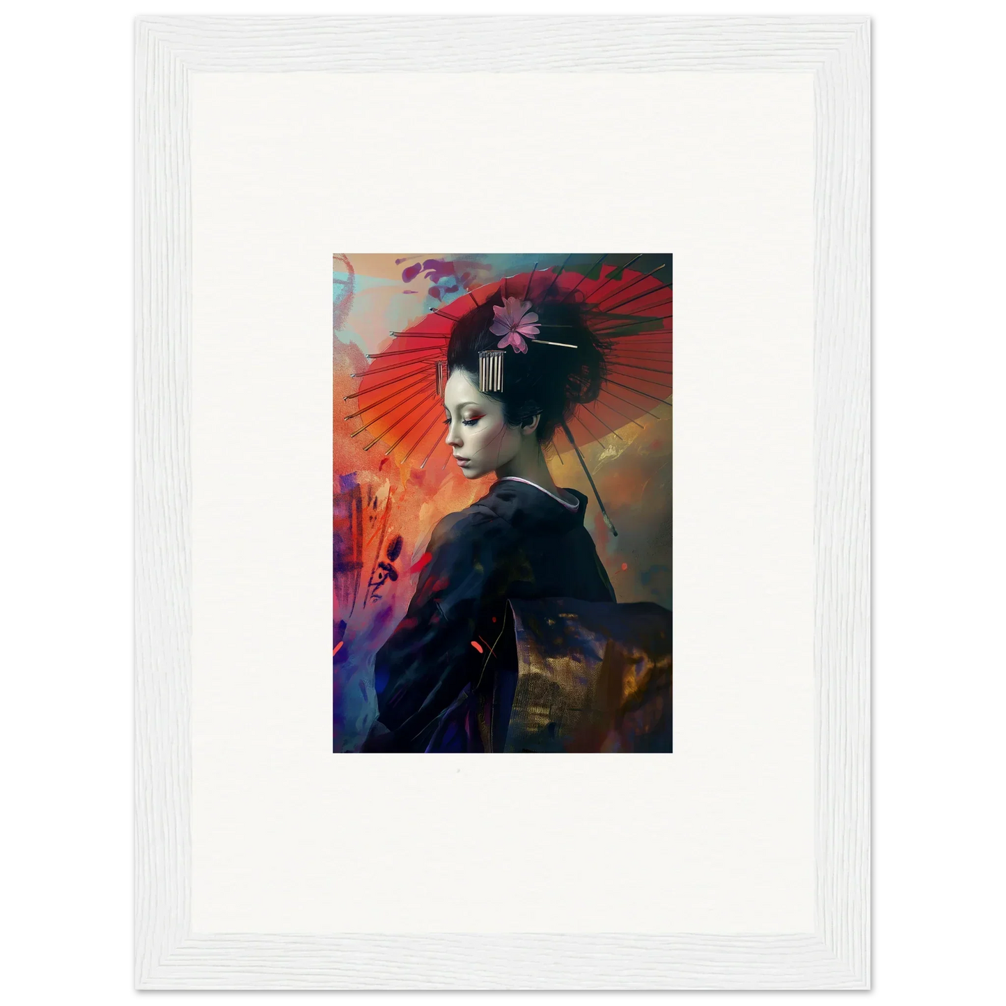 Framed wall art of a figure in traditional Japanese attire in a silken realm backdrop