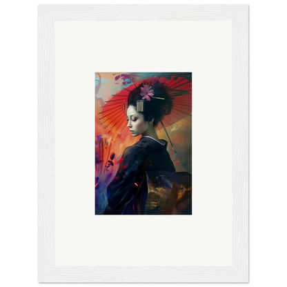 Framed wall art of a figure in traditional Japanese attire in a silken realm backdrop