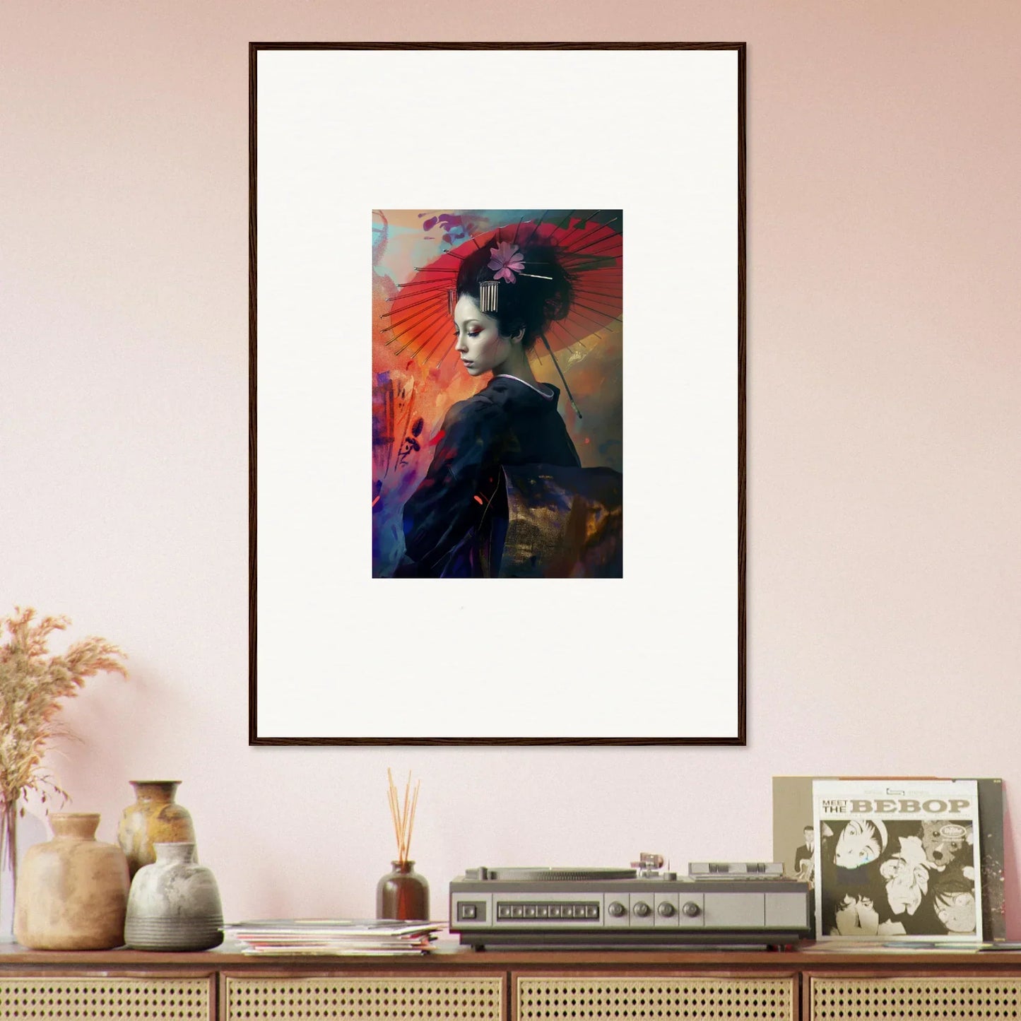 Framed colorful portrait of a geisha for elegant room decor in a silken realm