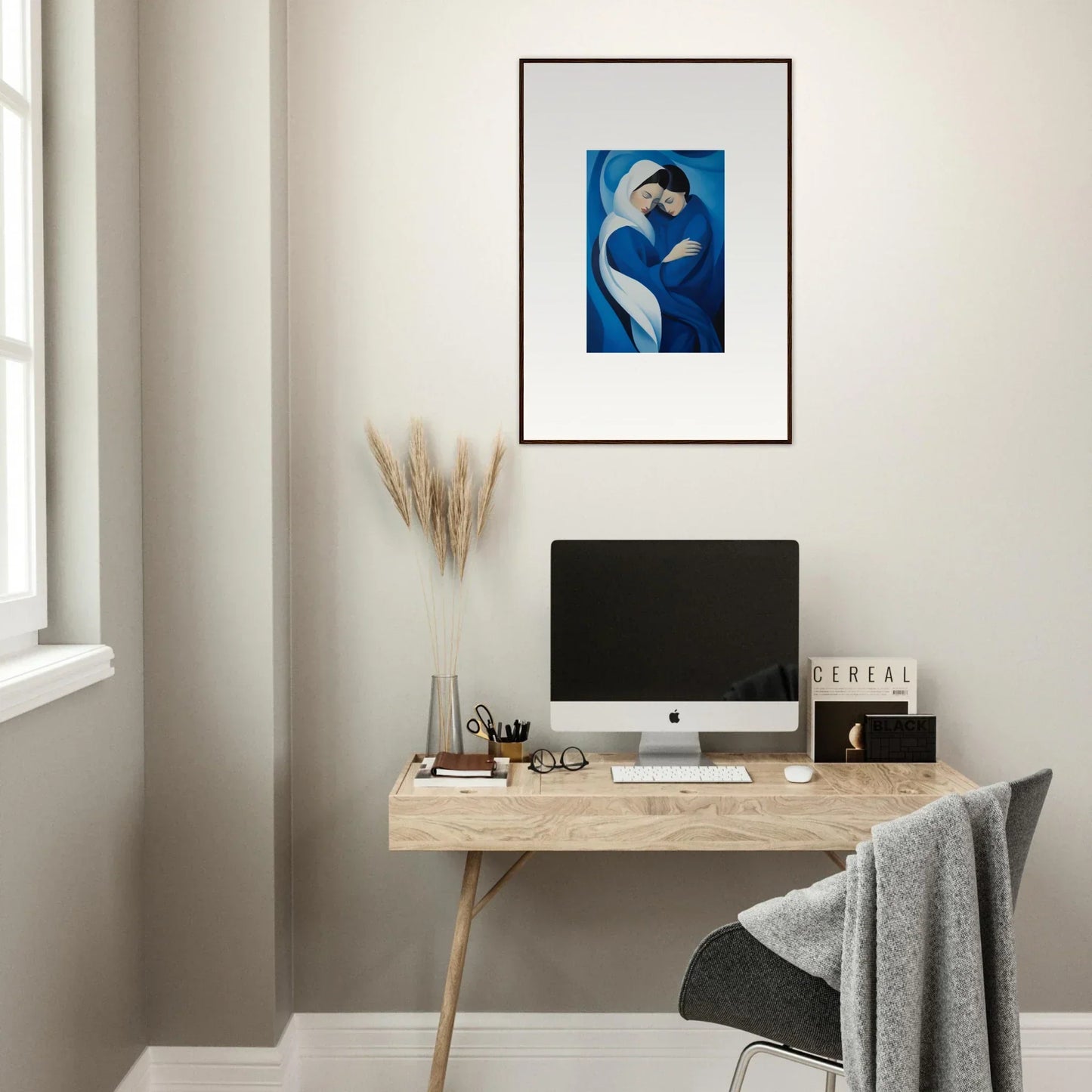 Minimalist wooden desk with an iMac and accessories, inspired by Infinitesimal Lavender Skies